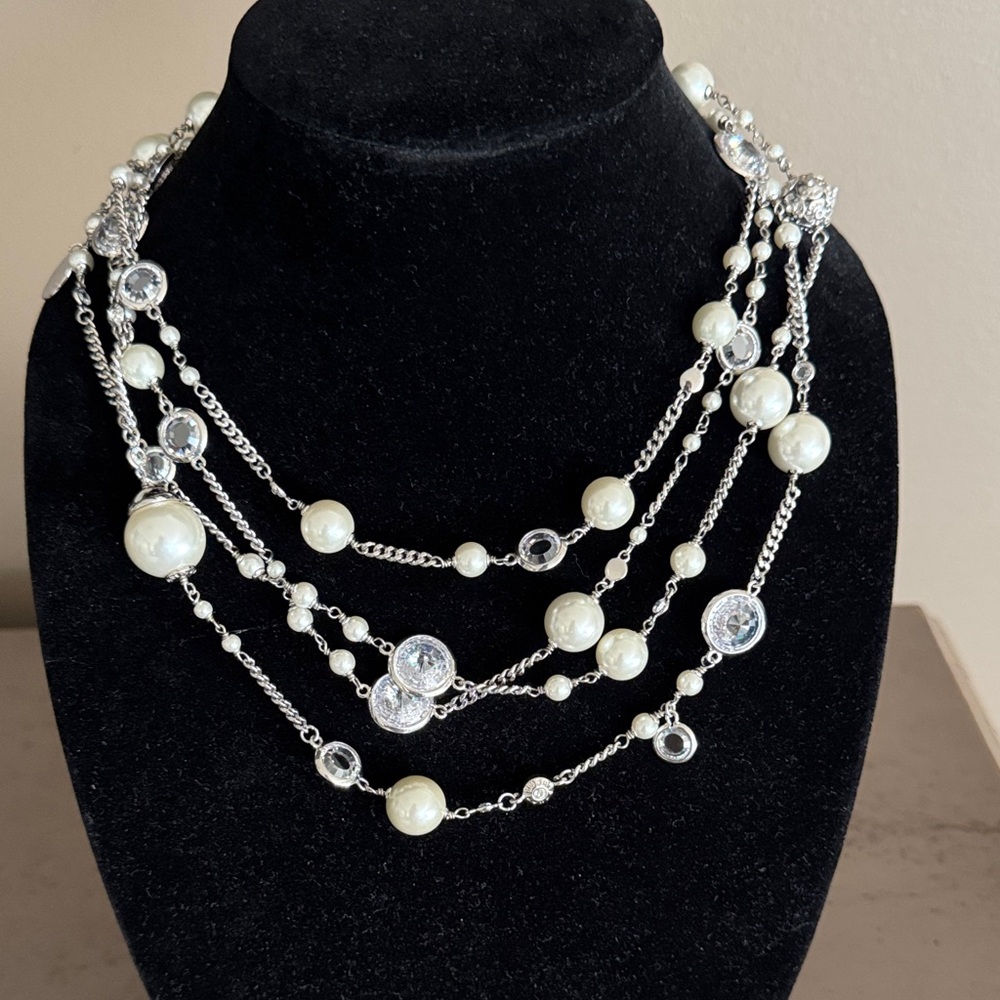 Henri Bendel Multi-Strand Glass Pearl and Crystal Silver Necklace